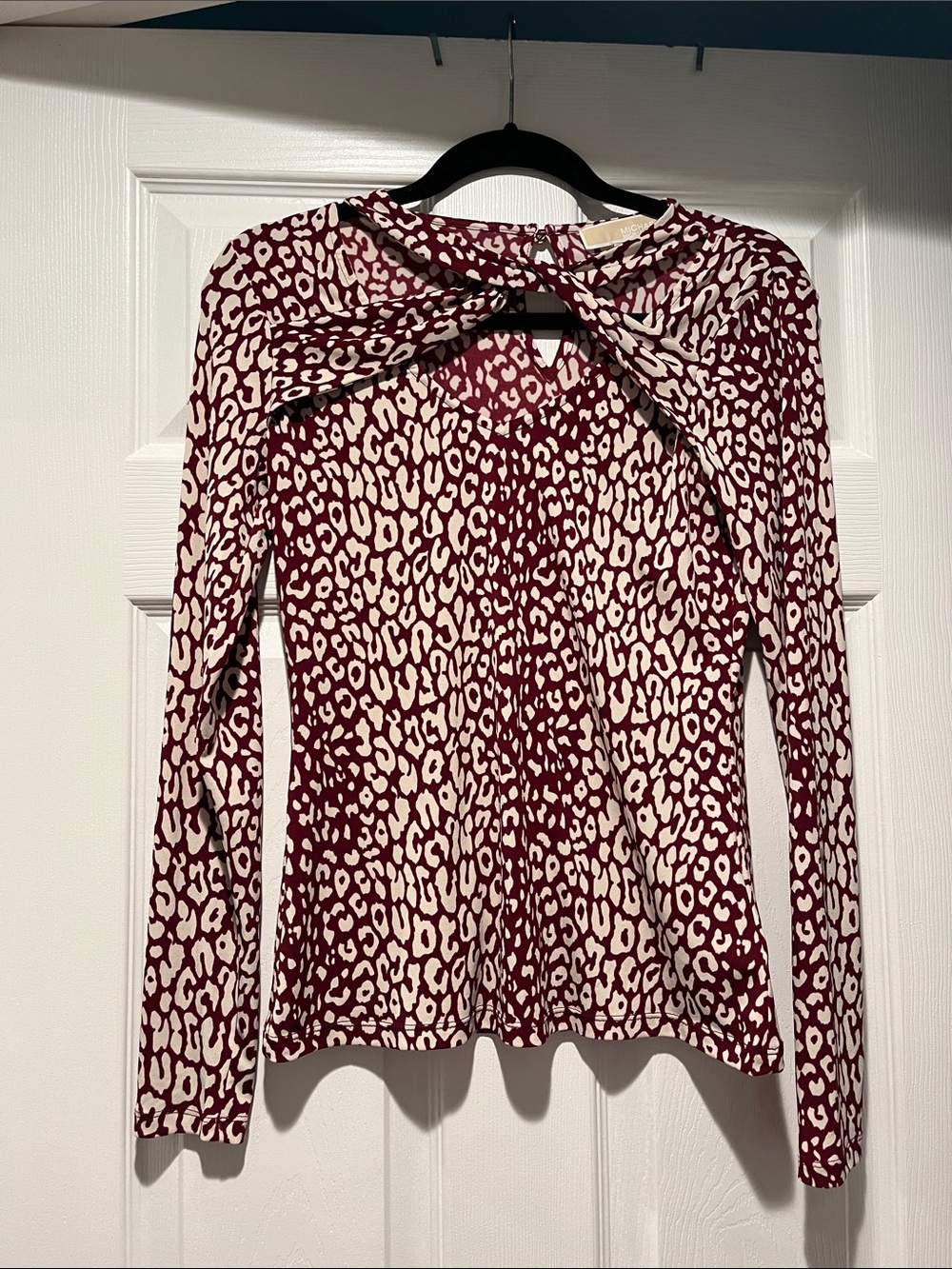 MICHAEL Michael Kors Burgundy and Cream Twist-Front Long Sleeve Top